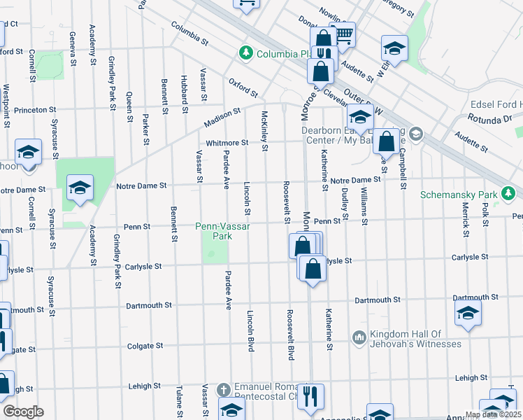 map of restaurants, bars, coffee shops, grocery stores, and more near 3420 McKinley Street in Dearborn