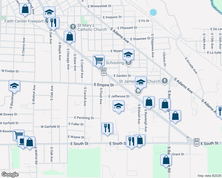map of restaurants, bars, coffee shops, grocery stores, and more near 511 East Empire Street in Freeport