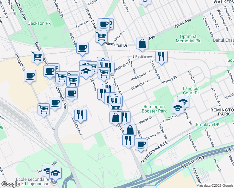 map of restaurants, bars, coffee shops, grocery stores, and more near in Windsor