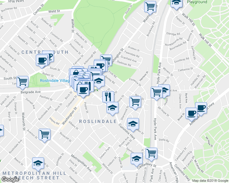 map of restaurants, bars, coffee shops, grocery stores, and more near 84 Murray Hill Road in Boston