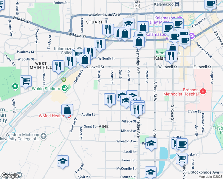 map of restaurants, bars, coffee shops, grocery stores, and more near 804 West Walnut Street in Kalamazoo