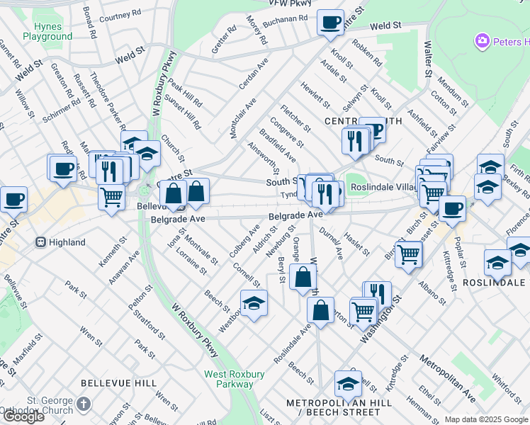 map of restaurants, bars, coffee shops, grocery stores, and more near 227 Belgrade Avenue in Boston