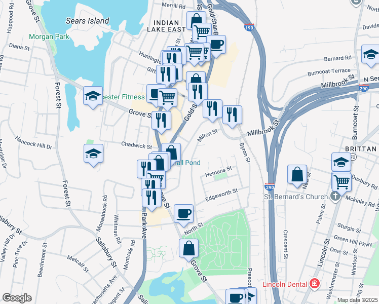 map of restaurants, bars, coffee shops, grocery stores, and more near 30 Glennie Street in Worcester