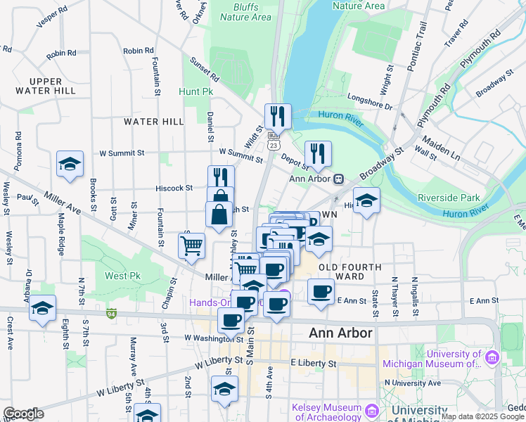 map of restaurants, bars, coffee shops, grocery stores, and more near 546 North Main Street in Ann Arbor
