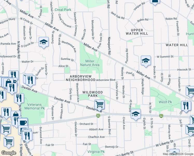 map of restaurants, bars, coffee shops, grocery stores, and more near 1522 Arborview Boulevard in Ann Arbor