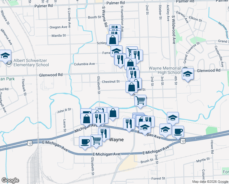 map of restaurants, bars, coffee shops, grocery stores, and more near 35311 Elm Street in Wayne