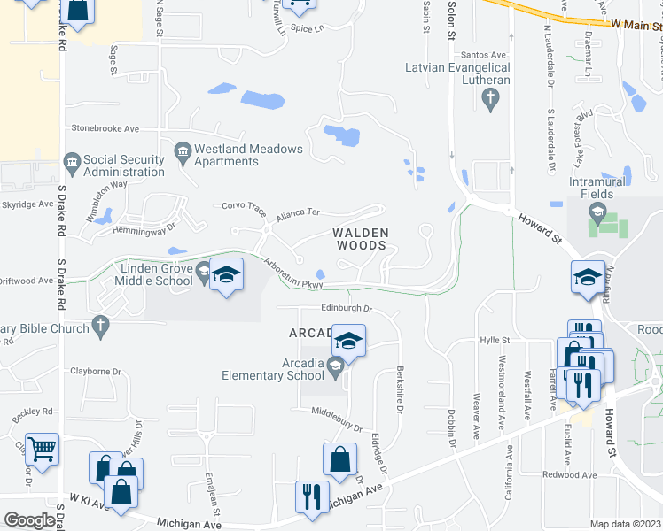 map of restaurants, bars, coffee shops, grocery stores, and more near 3653 Whicker Pointe in Kalamazoo