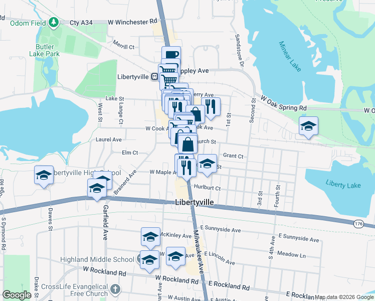 map of restaurants, bars, coffee shops, grocery stores, and more near 344 North Milwaukee Avenue in Libertyville
