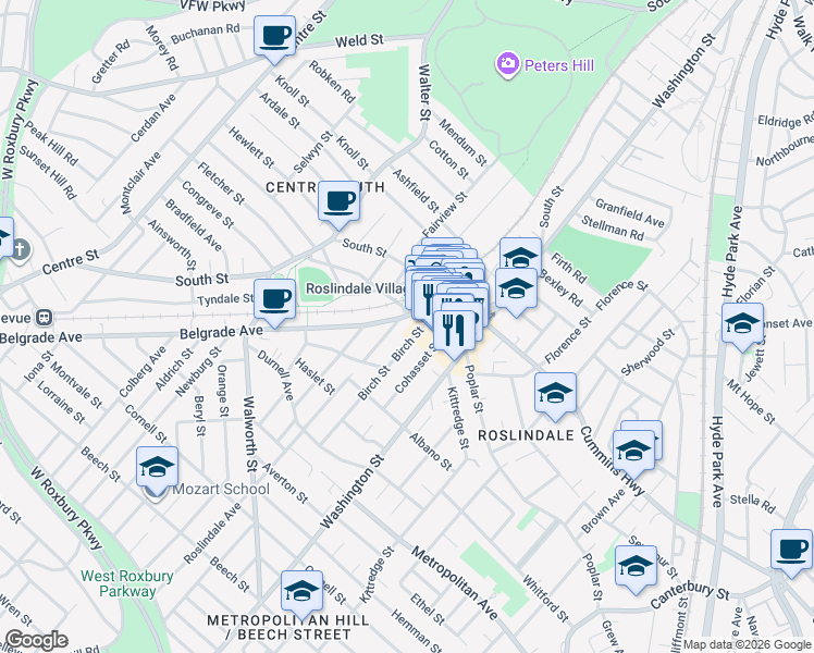 map of restaurants, bars, coffee shops, grocery stores, and more near 40 Belgrade Avenue in Boston