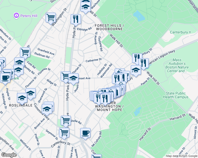 map of restaurants, bars, coffee shops, grocery stores, and more near 105 Neponset Avenue in Boston