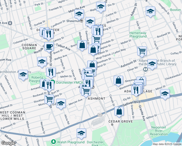 map of restaurants, bars, coffee shops, grocery stores, and more near 1918 Dorchester Avenue in Boston