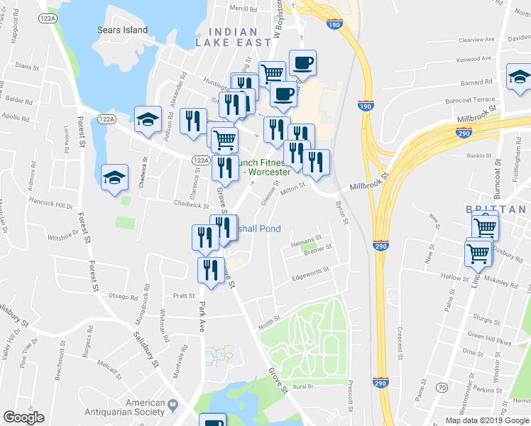 map of restaurants, bars, coffee shops, grocery stores, and more near 30 Glennie Street in Worcester
