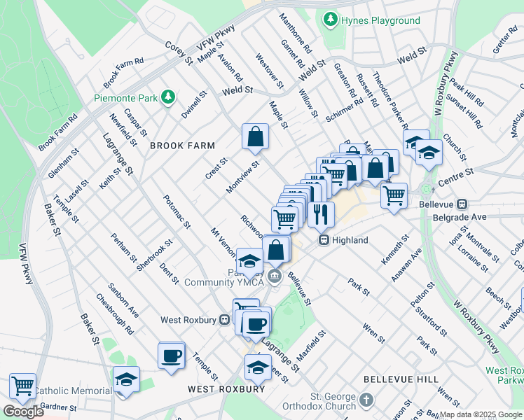 map of restaurants, bars, coffee shops, grocery stores, and more near 35 Park Street in Boston