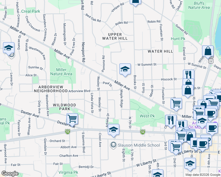 map of restaurants, bars, coffee shops, grocery stores, and more near 1102 Arborview Boulevard in Ann Arbor