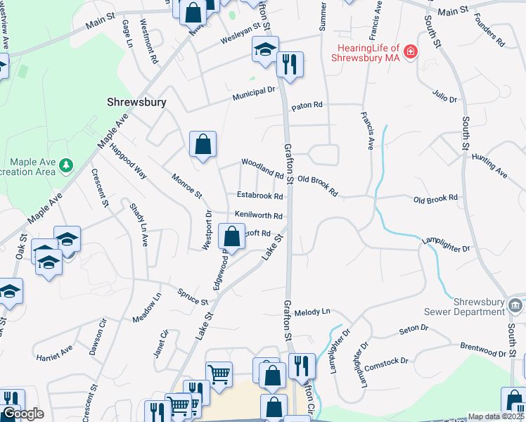 map of restaurants, bars, coffee shops, grocery stores, and more near 18 Kenilworth Road in Shrewsbury