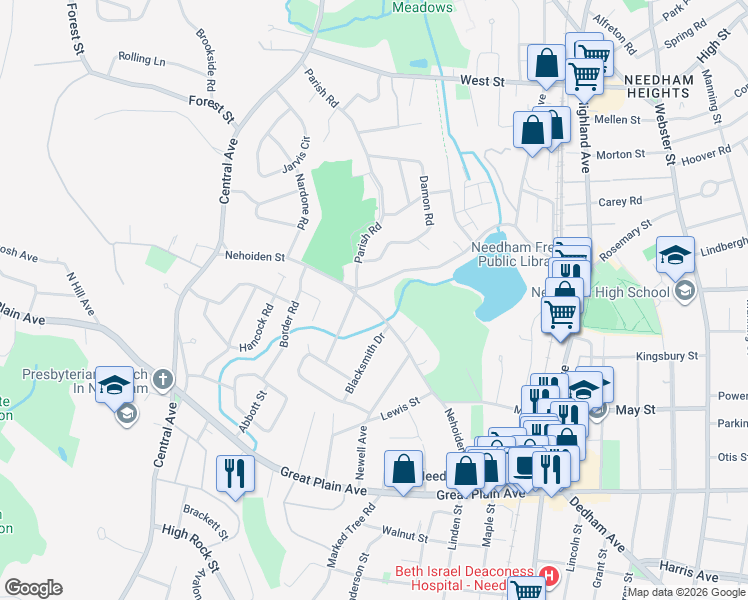 map of restaurants, bars, coffee shops, grocery stores, and more near 330 Rosemary Street in Needham