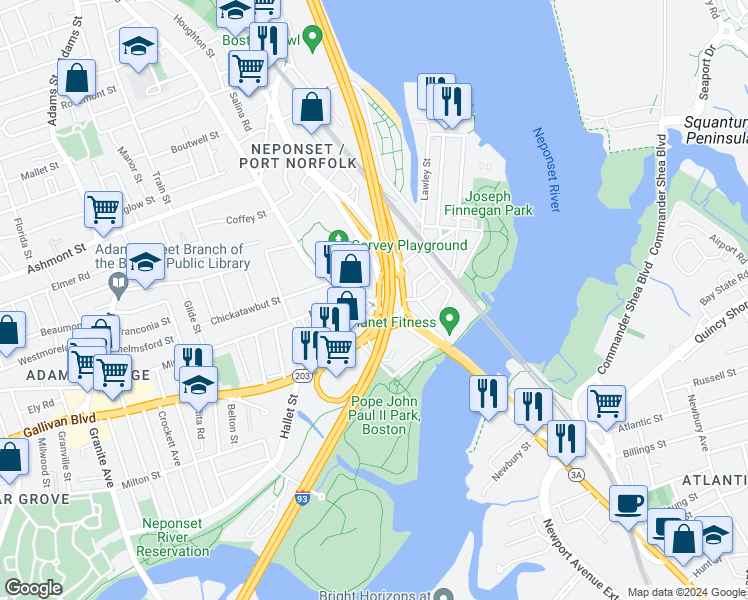 map of restaurants, bars, coffee shops, grocery stores, and more near 410 Neponset Avenue in Boston