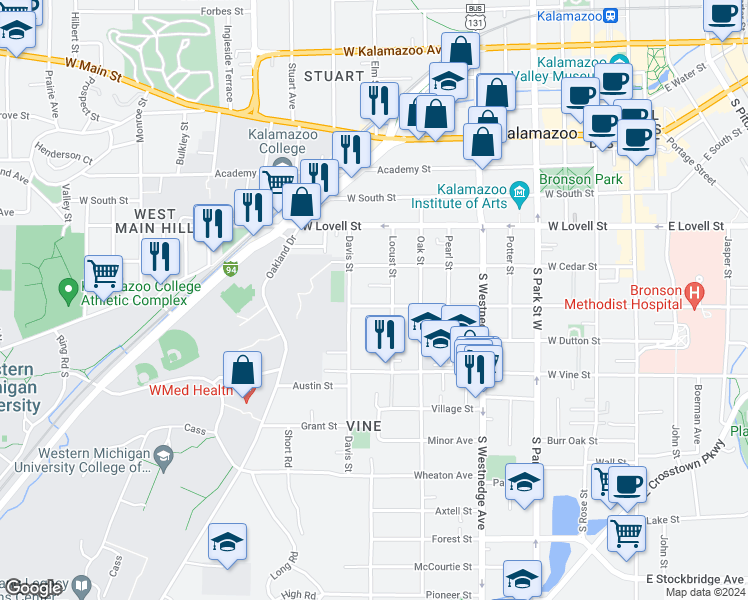 map of restaurants, bars, coffee shops, grocery stores, and more near 814 West Walnut Street in Kalamazoo
