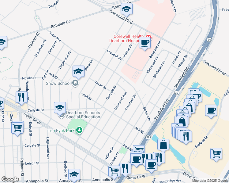 map of restaurants, bars, coffee shops, grocery stores, and more near 1 Carlysle Court in Dearborn