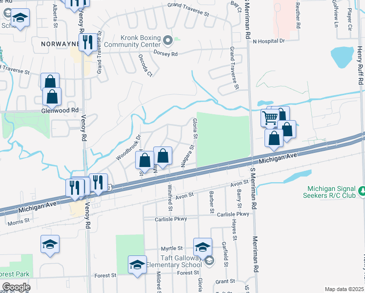map of restaurants, bars, coffee shops, grocery stores, and more near 3109 Winifred Street in Wayne
