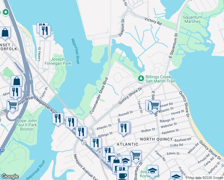 map of restaurants, bars, coffee shops, grocery stores, and more near 158 Quincy Shore Drive in Quincy
