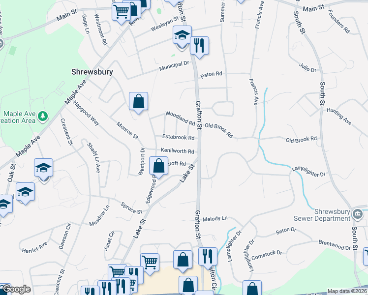 map of restaurants, bars, coffee shops, grocery stores, and more near 18 Kenilworth Road in Shrewsbury