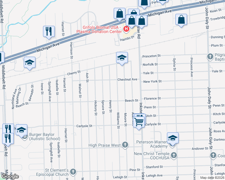 map of restaurants, bars, coffee shops, grocery stores, and more near 3269 Williams Street in Inkster