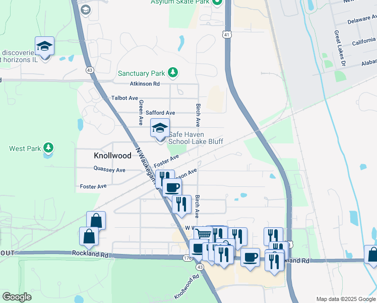 map of restaurants, bars, coffee shops, grocery stores, and more near 802 Foster Avenue in Lake Bluff