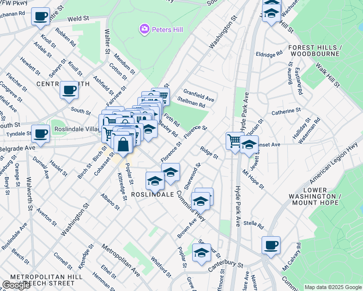 map of restaurants, bars, coffee shops, grocery stores, and more near 113 Florence Street in Boston