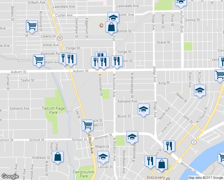 map of restaurants, bars, coffee shops, grocery stores, and more near 1138 North Rockton Avenue in Rockford