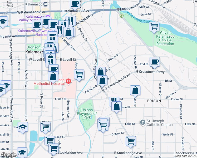 map of restaurants, bars, coffee shops, grocery stores, and more near 563 Portage Street in Kalamazoo
