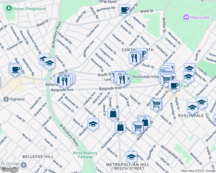 map of restaurants, bars, coffee shops, grocery stores, and more near 193 Belgrade Avenue in Boston