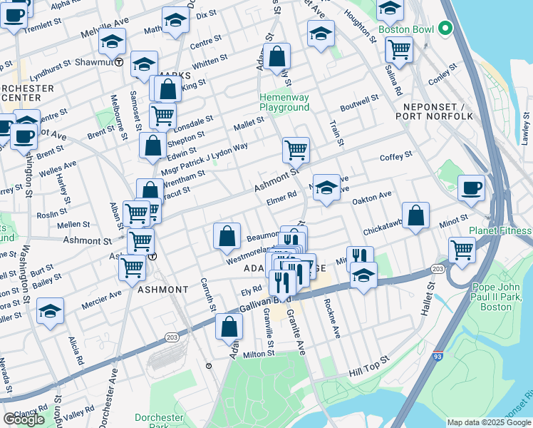 map of restaurants, bars, coffee shops, grocery stores, and more near 29 Helena Road in Boston