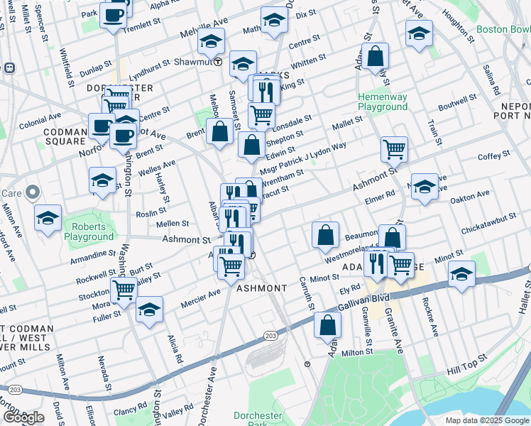 map of restaurants, bars, coffee shops, grocery stores, and more near 240 Ashmont Street in Boston