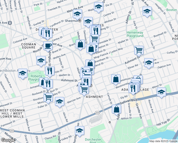 map of restaurants, bars, coffee shops, grocery stores, and more near 1884 Dorchester Avenue in Boston