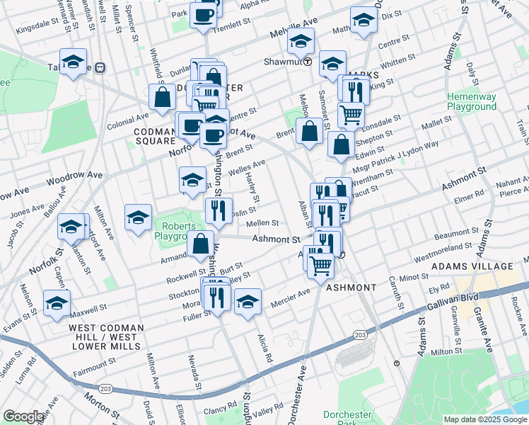 map of restaurants, bars, coffee shops, grocery stores, and more near 51 Roslin Street in Boston