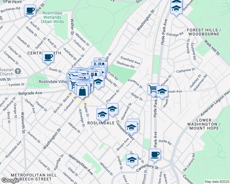 map of restaurants, bars, coffee shops, grocery stores, and more near 113 Florence Street in Boston