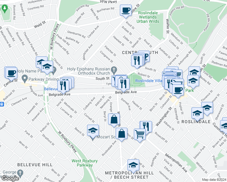 map of restaurants, bars, coffee shops, grocery stores, and more near 35 Walworth Street in Boston