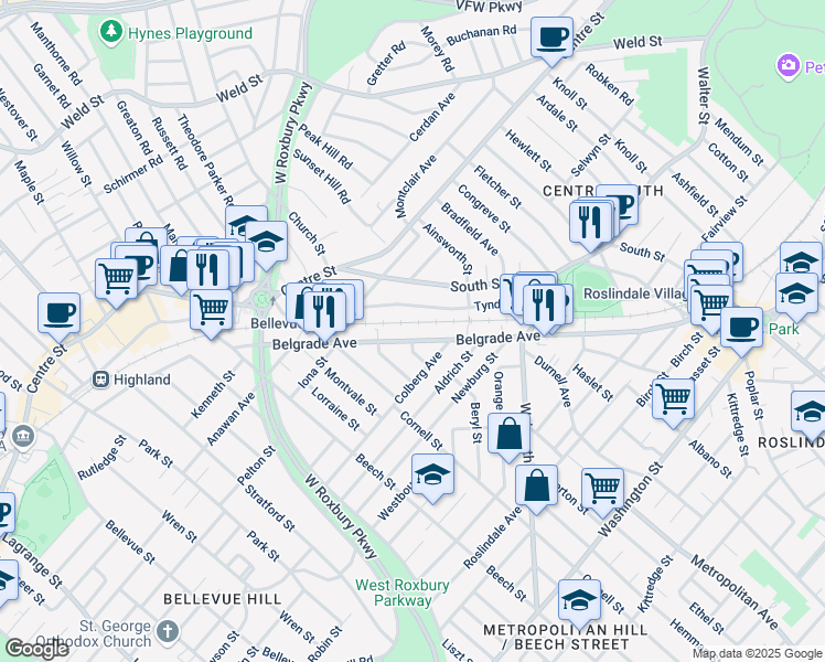 map of restaurants, bars, coffee shops, grocery stores, and more near 261 Belgrade Avenue in Boston