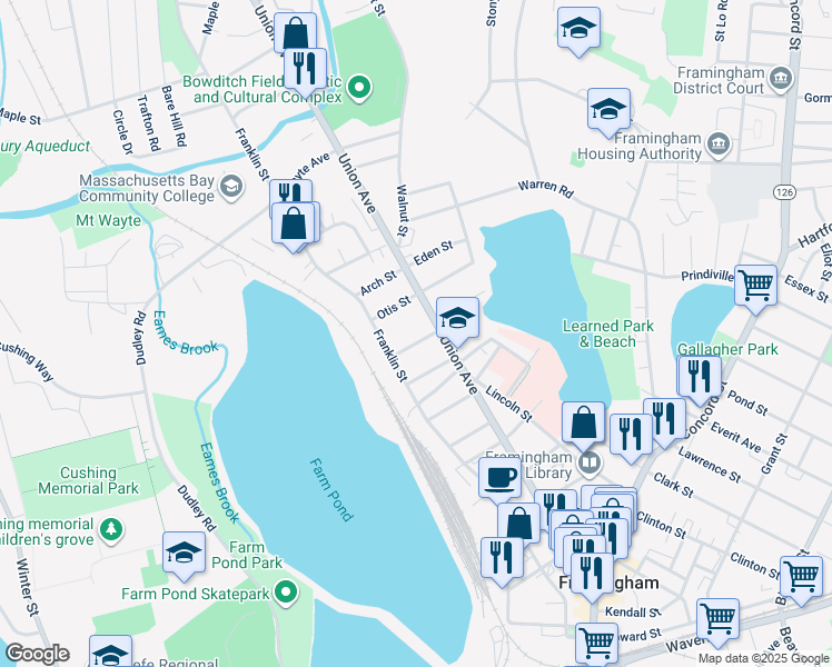 map of restaurants, bars, coffee shops, grocery stores, and more near 316 Union Avenue in Framingham