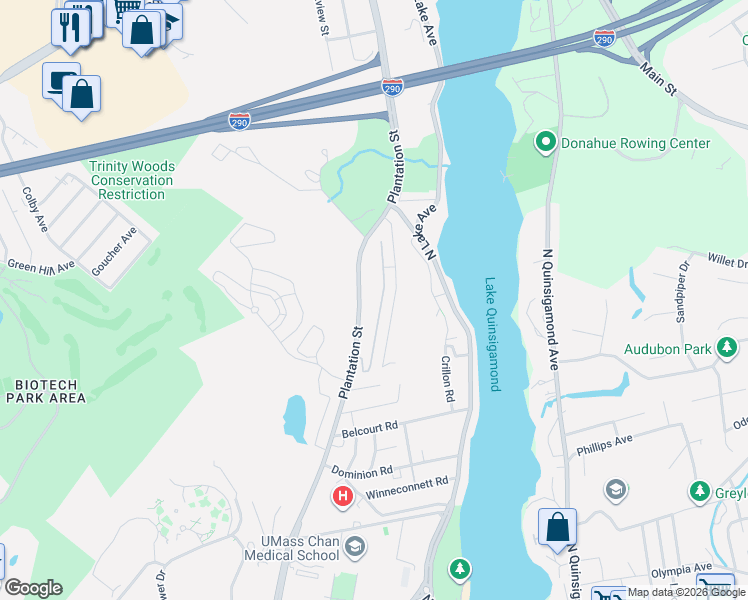 map of restaurants, bars, coffee shops, grocery stores, and more near 480 Plantation Street in Worcester