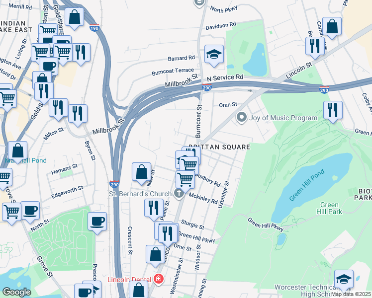 map of restaurants, bars, coffee shops, grocery stores, and more near 14 Norton Street in Worcester