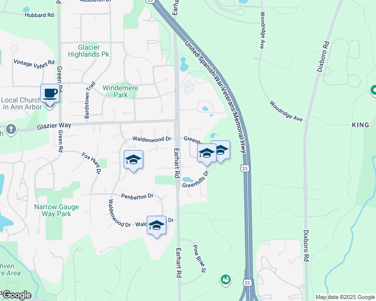map of restaurants, bars, coffee shops, grocery stores, and more near 929 Greenhills Drive in Ann Arbor
