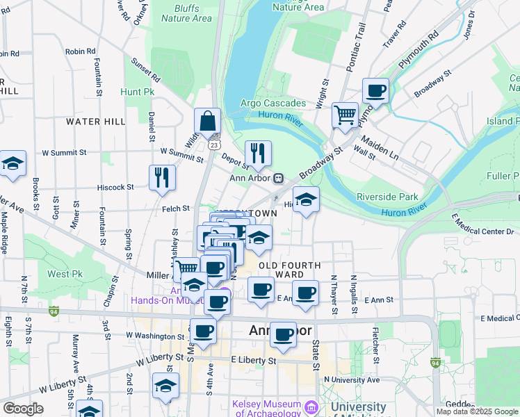 map of restaurants, bars, coffee shops, grocery stores, and more near in Ann Arbor