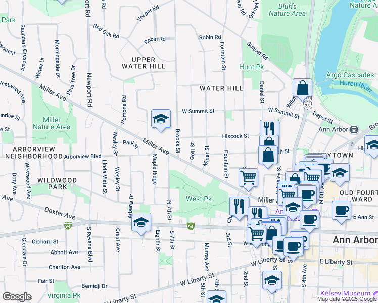 map of restaurants, bars, coffee shops, grocery stores, and more near 603 Gott Street in Ann Arbor