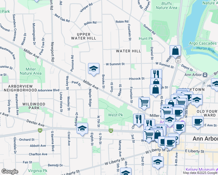 map of restaurants, bars, coffee shops, grocery stores, and more near 603 Gott Street in Ann Arbor