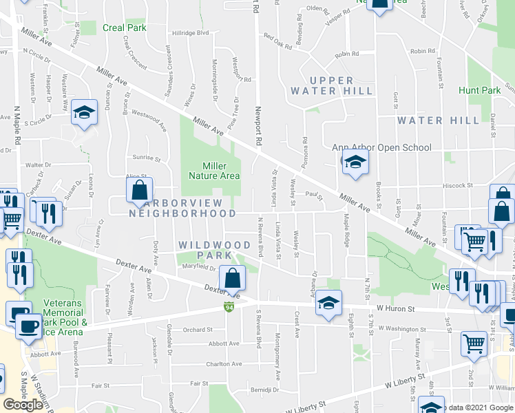 map of restaurants, bars, coffee shops, grocery stores, and more near 1500 Arborview Boulevard in Ann Arbor