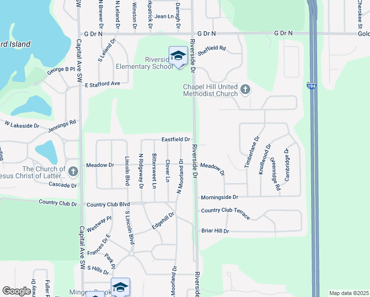 map of restaurants, bars, coffee shops, grocery stores, and more near 708 Riverside Drive in Battle Creek