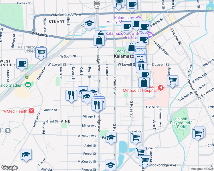 map of restaurants, bars, coffee shops, grocery stores, and more near 432 West Walnut Street in Kalamazoo