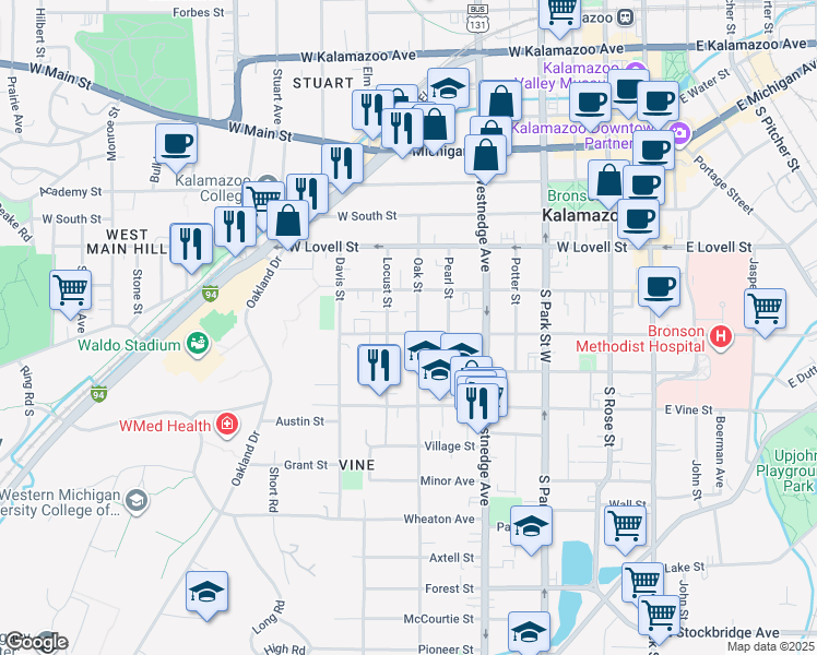 map of restaurants, bars, coffee shops, grocery stores, and more near 712 West Walnut Street in Kalamazoo